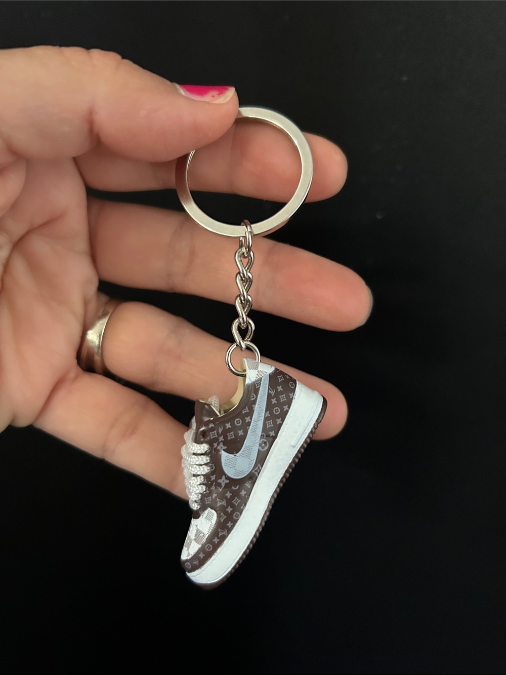 Brown Monogram Sneaker Keychain with White Swoosh